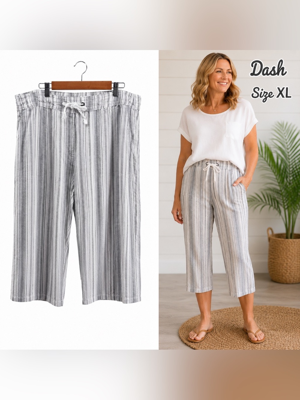 Dash Women’s XL Striped Linen Blend Crop Pants Drawstring Pull On Wide Leg